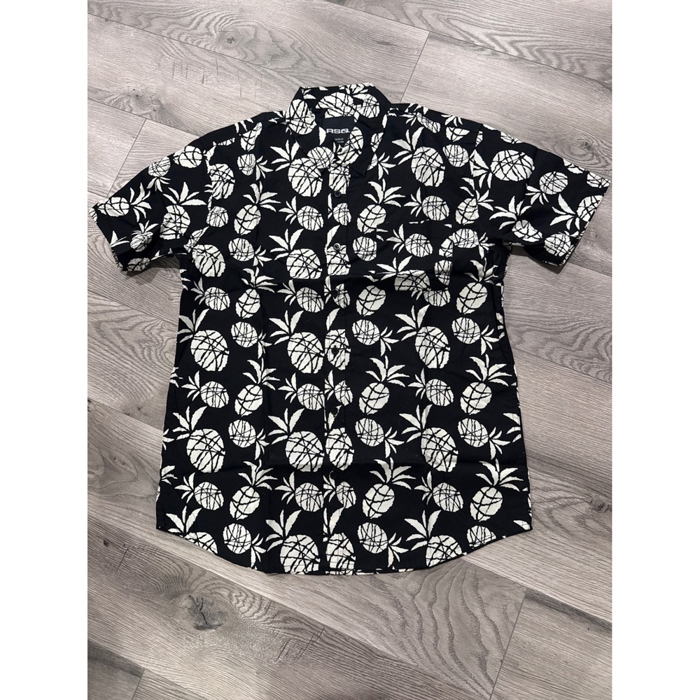 RSQ Mens Pineapple Print Short Sleeve Button Down Shirt Black White NEW